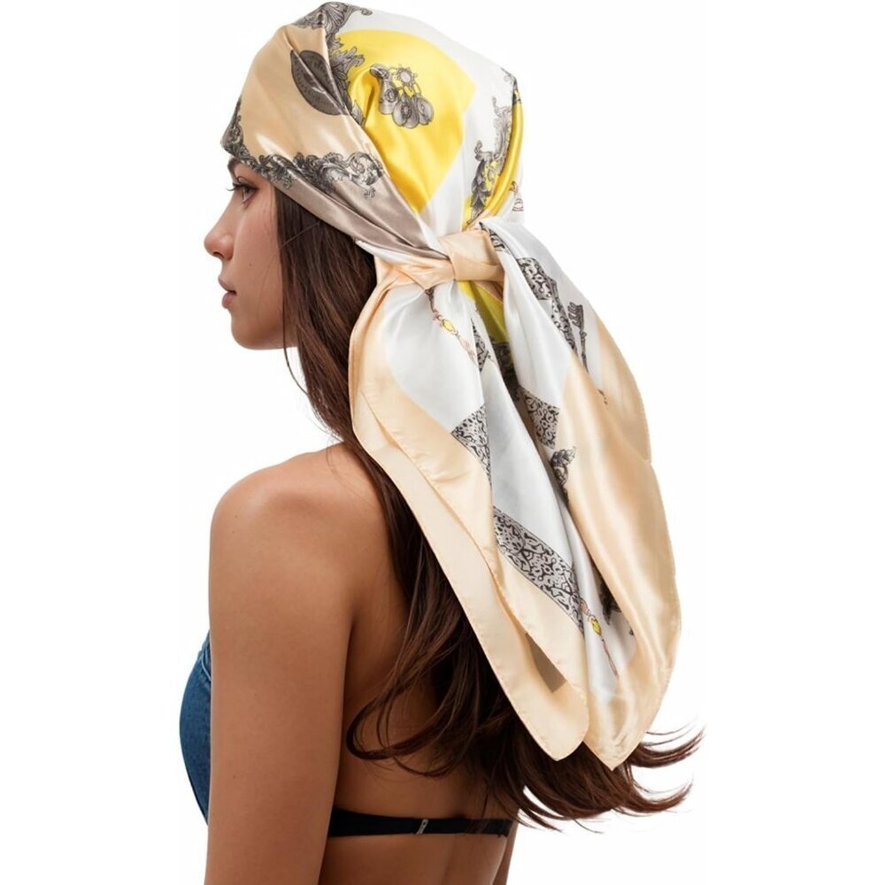 Women's Yellow/Beige Head Scarf Like Silk Printed Square Hair Bandanas 35 Inches